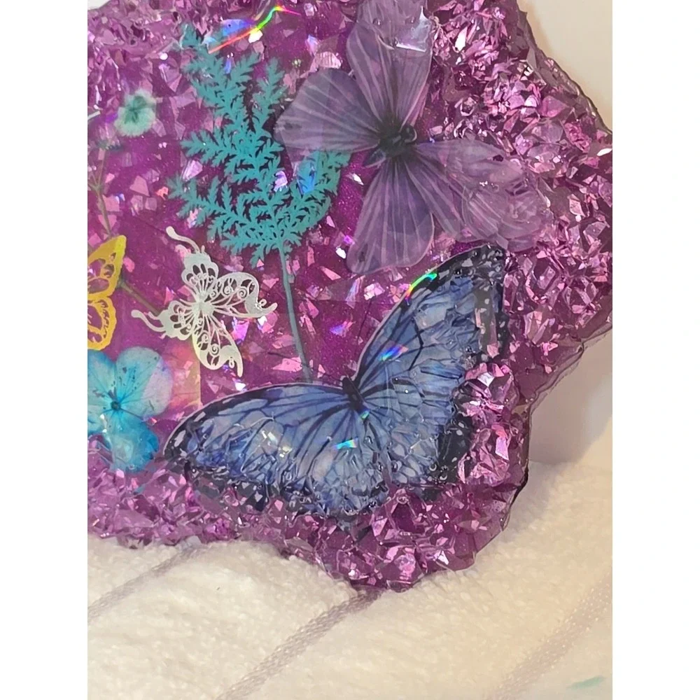 Handmade Resin Crystal Edge Trinket‎ Holder Purple With Butterflies  778